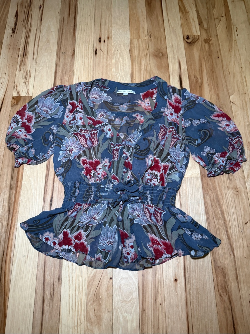 Nanette Lepore 100% Silk Puff Sleeve Sheer Floral Blouse